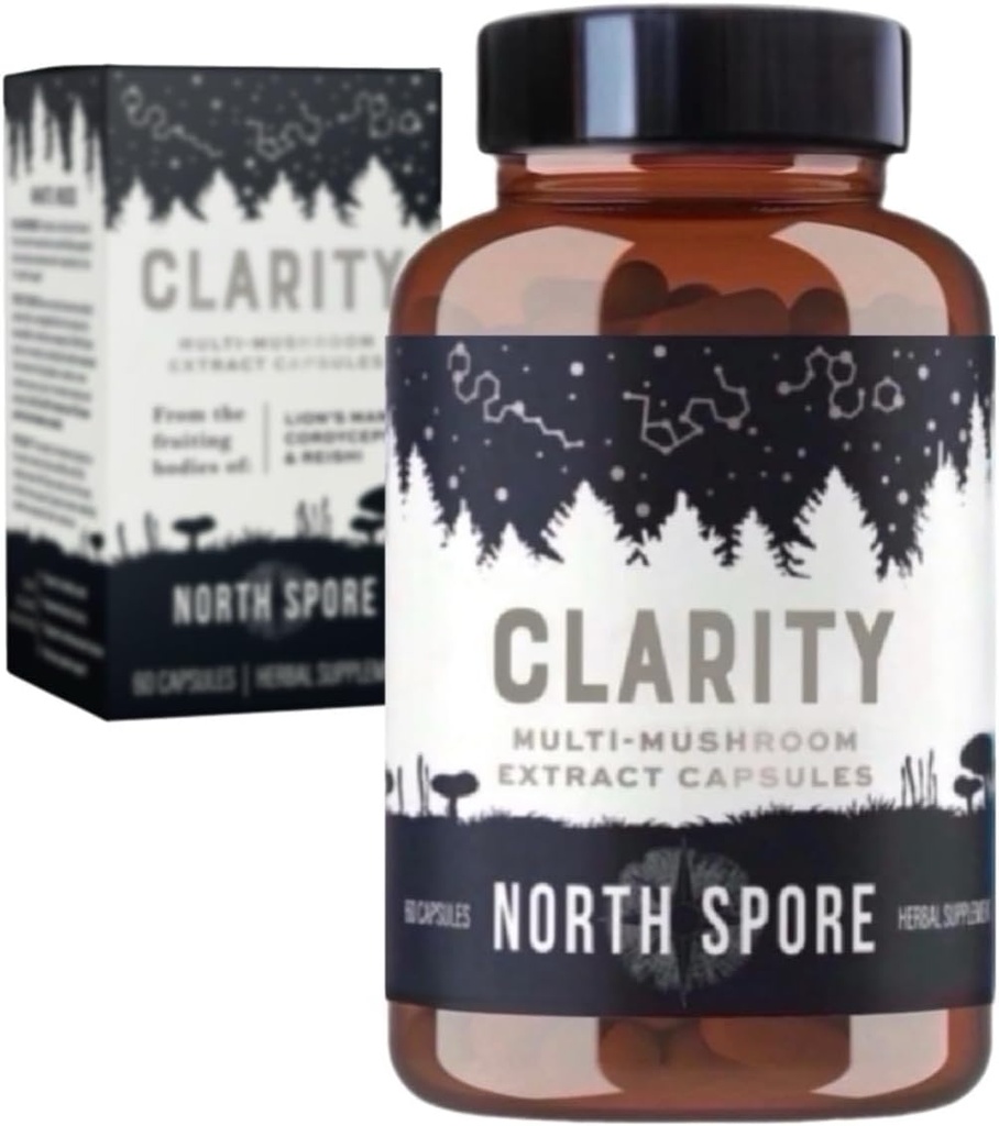 North Spore Organic Clarity High Potency Mushroom Capsules | Lions Mane, Reishi, Cordyceps Supplement | Boost Focus, Memory, Vitality, Cognitive Function | Pure Organic Extract Blend - 60ct