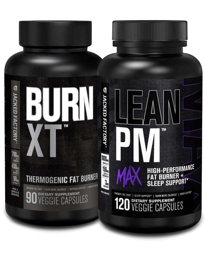 Jacked Factory Burn XT Thermogenic Fat Burner - Appetite Suppressant & Nootropic Energy Booster (90 Capsules) & Lean PM Max High-Performance Weight Loss, Sleep Support | (120 Capsules)