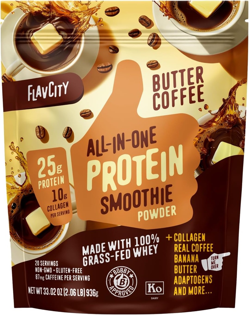 FlavCity Grass Fed Whey Protein Powder - Café de mantequilla - 25g Proteína, 10g Collagen & 87mg Caffeine - Hecho con Reishi orgánico &amp; Cordyceps - Gluten Gratis &amp; No Añadido Azúcares (20 Servings)