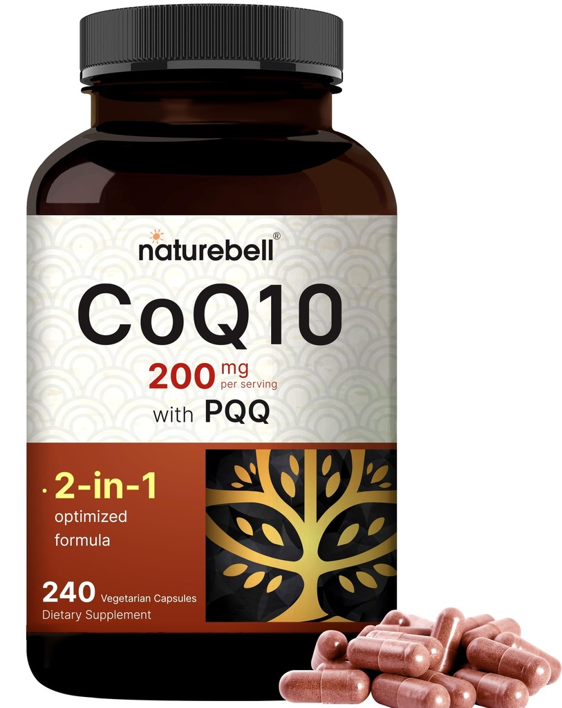 NatureBell CoQ10 200mg con PQQ, 240 cápsulas vegetales ← Stable High Absorption Form – Antioxidant Support for Heart, & Energy Health – Extra Strength Coenzyme Q10 Suplemento