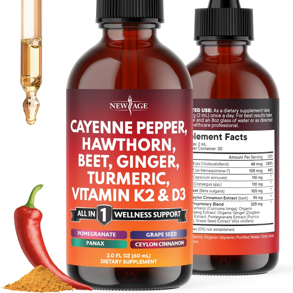 Cayenne Pepper Supplement Liquid Drops + Hawthorn Berry, Vitamin D3 K2 Beet Root Powder, Ceylon Cinnamon, Turmeric Curcumin, Organic Panax Ginseng - 2oz