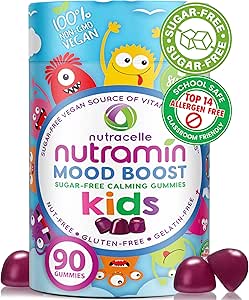 NUTRAMIN Kids Mood Boost Vegan Vitamin Gummy: Calming Magnesium Citrate Suplemento para niños con Ashwagandha &amp; Vitamina B Complejo para Relajarse &amp; Enfórmese - Sin azúcar, Alergía-Safe, No GMO 90 ct
