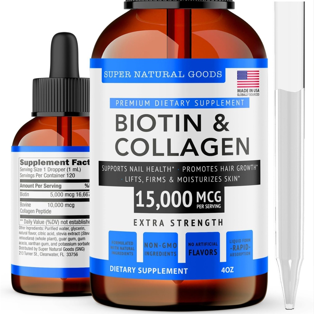 Super Natural Goods Biotin &amp; Collagen Vitaminas - Peluquería, Salud Gut, Anti-Envejecimiento, Cuidado de la piel " uñas - Hecho en EE.UU., No-GMO " Cruelty Free (4 Ounce- 15,000mcg)