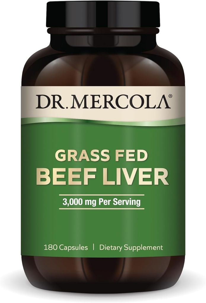 Dr. Mercola Grass Fed Beef Liver, 30 Servings (180 Capsules), 3000 mg Por Serving, Suplemento dietético, soporta Heath Immune, Non-GMO