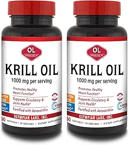 Olympian Labs Antártico Krill Oil, 1000mg Caps con Astaxanthin, Omega-3, EPA, DHA, Immune, Joint &amp; Brain Support, 60 Softgels (Pack of 2)