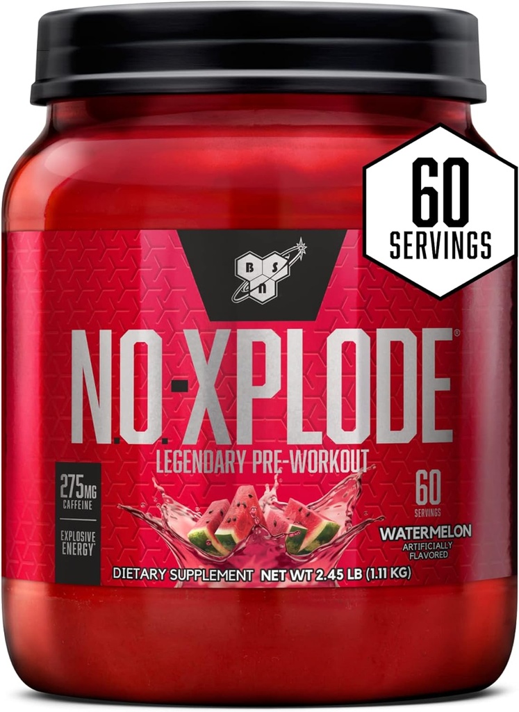 BSN N.O.-XPLODE Pre Workout Powder, Energy Supplement for Hombres and Women with Creatine and Beta-Alanine, Flavor: Watermelon, 60 Servings