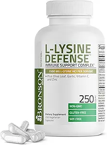 Bronson L-Lysine Defense Immune Support Complex 1500 MG L-Lysine Plus Olive Leaf, Ajo, Vitamina C y Zinc - Non-GMO, 250 cápsulas vegetarianas