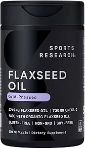 Sports Research Flaxseed Oil Softgels 1242mg - Plant Based Omega 3 Suplemento para Hombres Mujer - Non-GMO Verified, Soy &amp; Gluten Gratis (200 Conde)