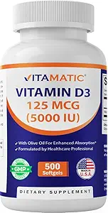Vitamina Vitamática D3 5000 UI (125 mcg) – 500 Mini Softgels Fórmula base de aceite de oliva – Cold-Presed – 500-Day Supply – Soporta Bone, Muscle & Immune Health – Non-GMO & Gluten-Free