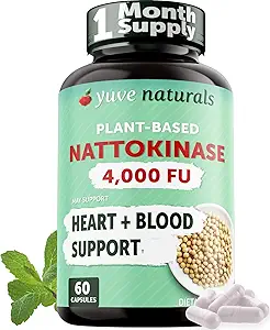Yuve Nattokinase 4000 FU, Nattokinase Suplemento para la Salud Cardiovascular Soporte - Natural Blood Thinner - Natokinase Enzyme de Natto Extracto, Libre de Azúcar, Vitamina K Gratis - 60 pastillas, Hecho en EE.UU.