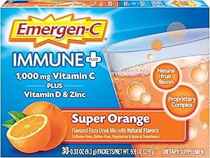 Emergen-C Immune+ 1000mg Vitamin C Powder, con Vitamina D, Zinc, Antioxidantes y Electrolitos para la Inmunidad, Apoyo Inmunitario Suplemento dietético, Super Orange Flavor - 30 Cuenta/1 Month Supply