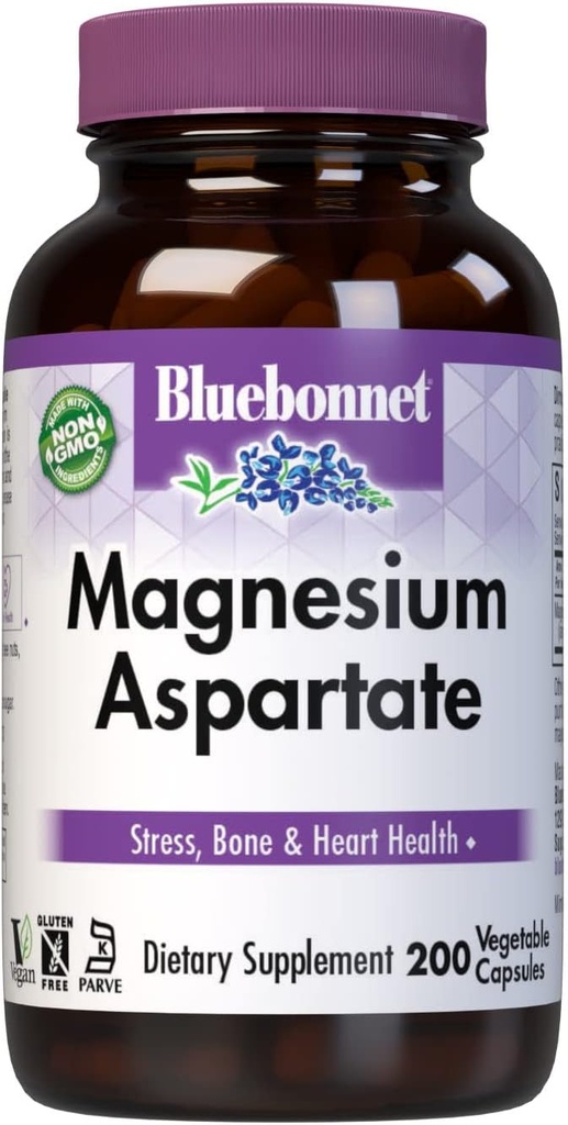 Bluebonnet Nutrition Magnesium 400 mg Chelated Magnesium Aspartate Daily Mineral, Heart &amp; Bone Support* Suplemento para hombres y mujeres Vegan, No GMO - 200 cápsulas vegetales