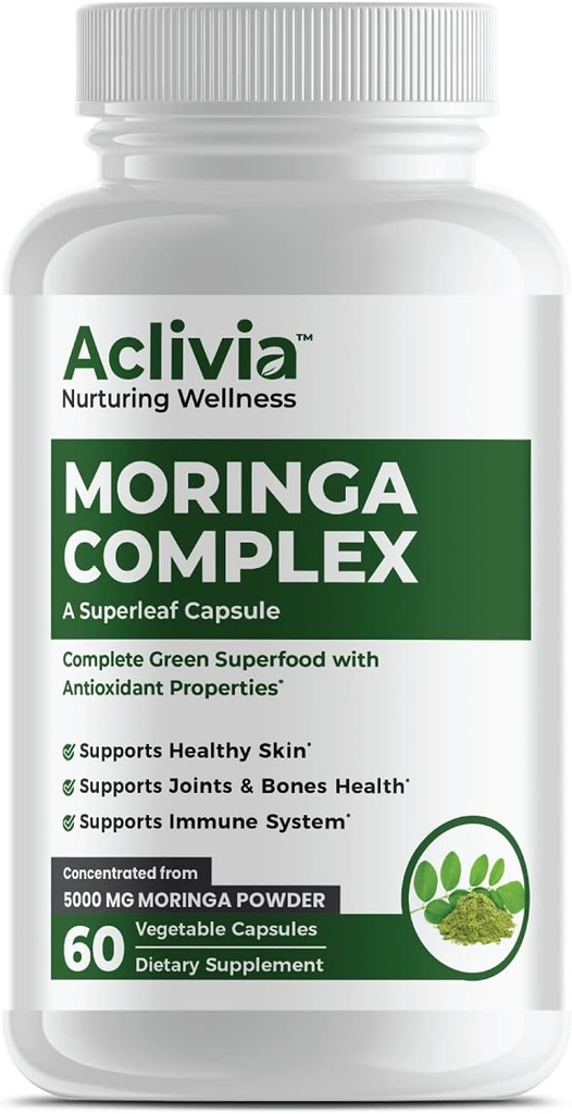 Complejo Moringa - Maximum Strength Moringa Oleifera Leaf &amp; Seed Suplemento - Superfood Capsules with Antioxidant Properties - 5000mg - 60 cápsulas