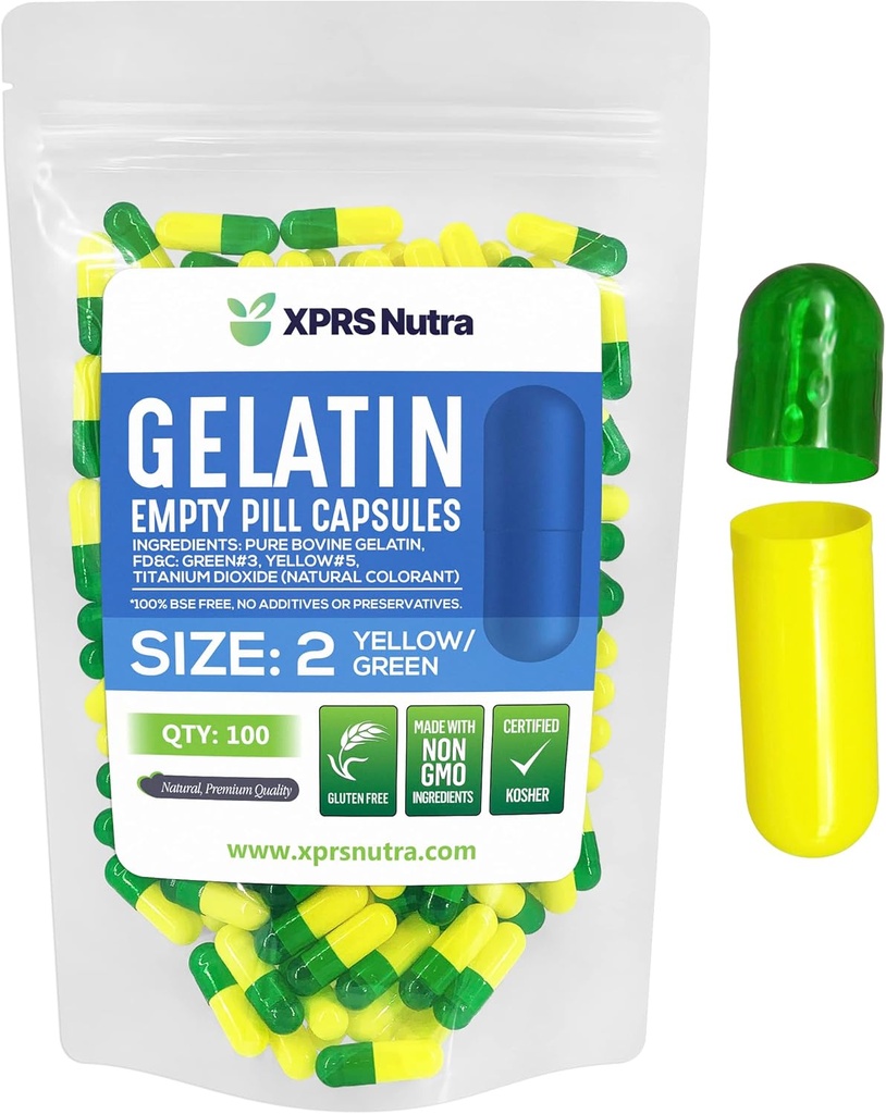 XPRS Nutra Size 2 Empty Capsules - 100 Conde Empty Gelatin Capsules - Pills DIY Capsule Filling - Pure Bovine Pill Gel Caps for Do-It-youself Supplements (Green/Yellow)
