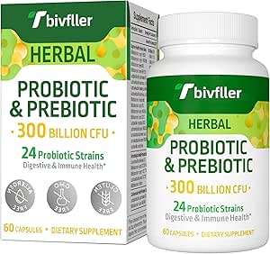 Probióticos para Mujeres Hombres- 300 Billones CFU, 24 Strains Probiótico+15 Hierbas Orgánicas Prebióticos Blend, Pre y Probióticos, para Salud Digestiva, Immune & Gut, Diarrea, Bloating, Vegan, 2 Month Supply