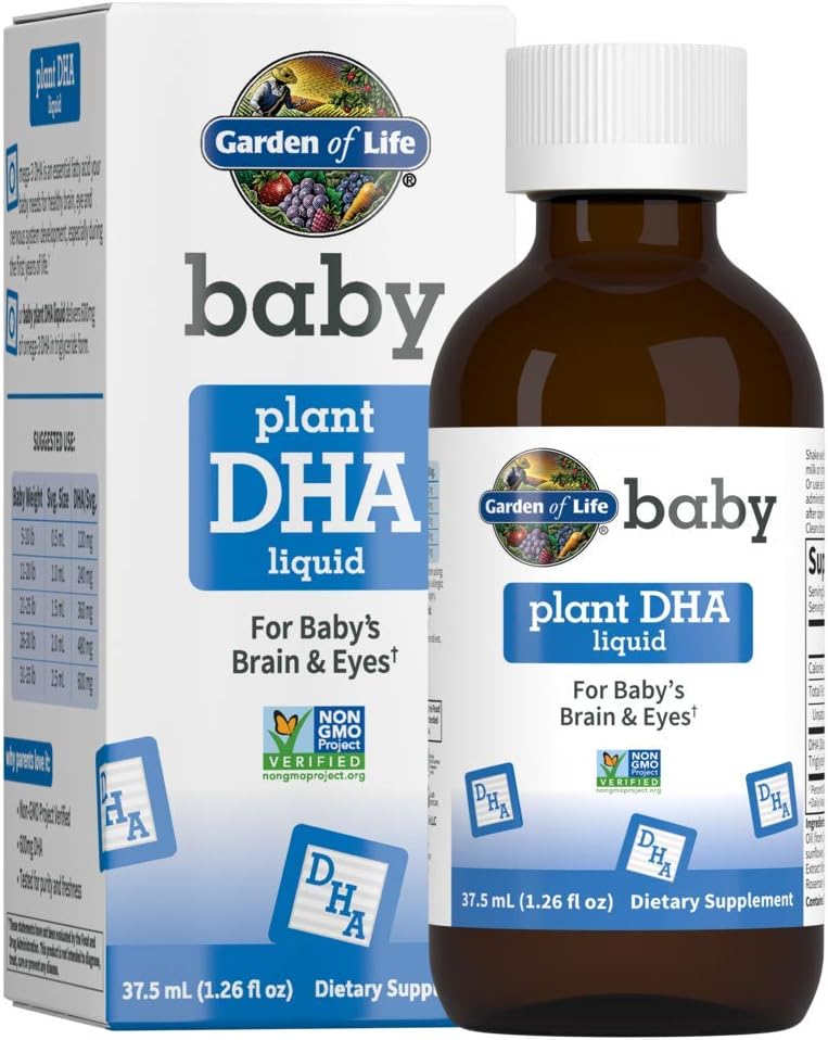 Garden of Life Baby DHA Drops, 600mg Omega 3 DHA Vegan for Baby's Brain & Eyes from Vegetarian Friendly Plant Based Sources (No Fish Oil) for Babies &amp; Toddlers, 37,5 mL (1,26 fl oz) Liquid