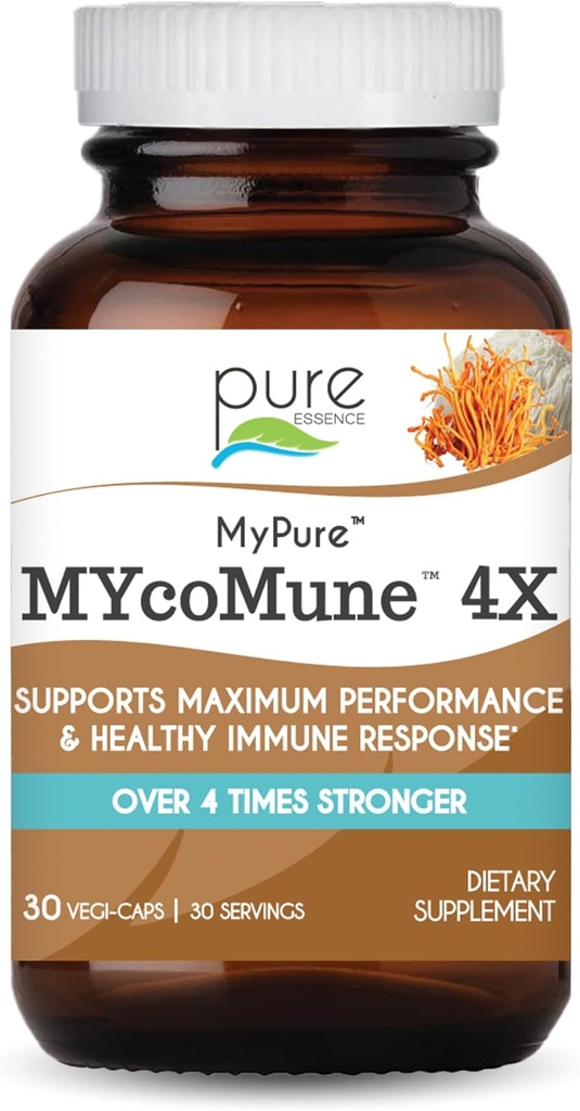 MYcoMune 4X Organic Mushroom Supplement - Reishi, Lion's Mane, Cordyceps, Chaga, Shiitake, Maitake for Immune System, Combat Stress, Build Energy by Pure Essence - 30 Caps