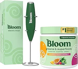Bloom Nutrition Superfood Greens Powder, Enzymes Digestivos con Probióticos y Prebióticos, Gut Health, Bloating Relief, Orange Passionfruit + Milk Frother High Powered Hand Mixer
