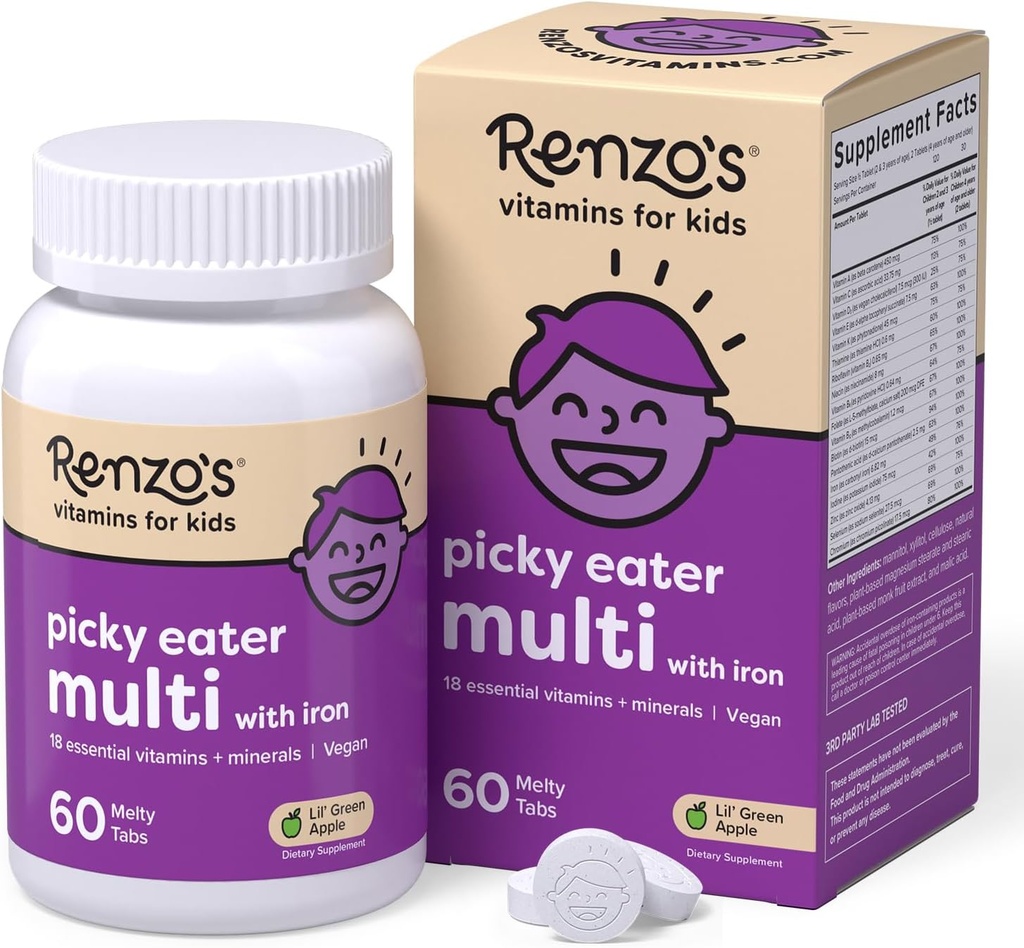 Renzo's Picky Eater Kids Multivitamin with Iron, Dissolving Kids Vitamins with Vitamin D3 and K2 and More, 60 Sugar-Free Melty Tabs, Lil’ Green Apple Flavored
