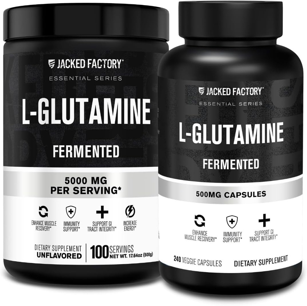 Gato Fábrica L-Glutamina Powder 100 Servings & L-Glutamine Capsules 500mg (240 cápsulas) para Post Workout Muscle Recovery, Immunity, Digestive Health