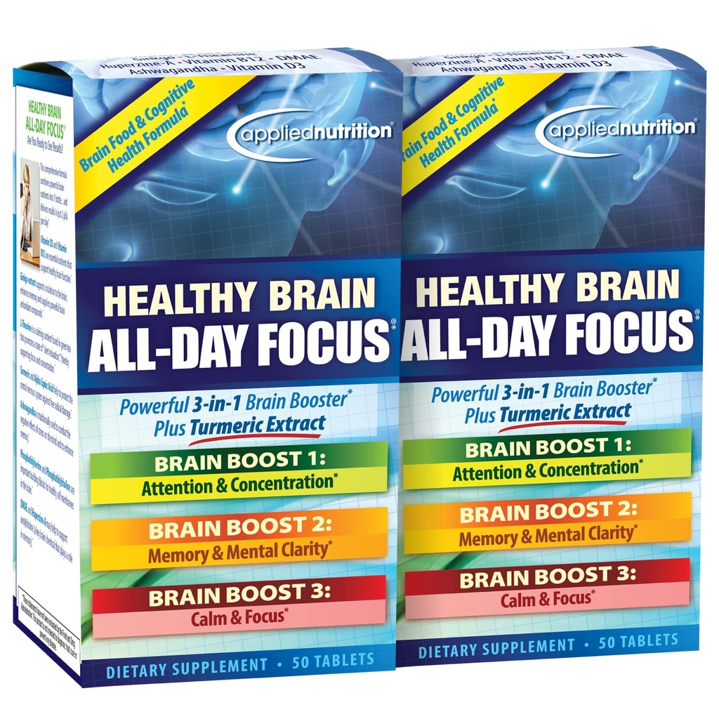 Nutrición Aplicada Saludable Cerebro Todo-Day Focus - 50 Tabletas, Pack de 2 - Potente 3-en-1 Cerebro Booster con Extracto Turmérico - 50 Total Servings