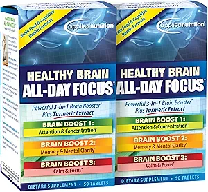 Nutrición Aplicada Saludable Cerebro Todo-Day Focus - 50 Tabletas, Pack de 2 - Potente 3-en-1 Cerebro Booster con Extracto Turmérico - 50 Total Servings