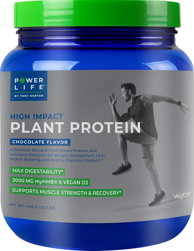POWERLIFE Tony Horton High Impact Plant Protein Powder with 3000 MG of HMB, Plant-Based, No Sugar Added, Vegan, Keto Friendly, Non-GMO (Chocolate)
