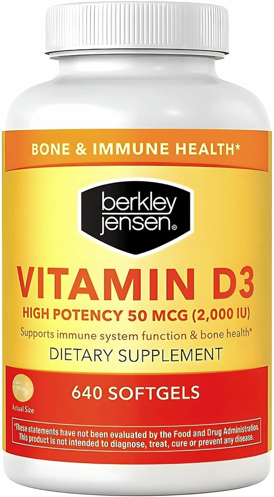Berekley Jensen High Potency Vitamin D3 2000IU (50 mcg) (640 Softgels), Suplemento dietético para dientes, músculo, función inmunitaria y salud ósea, para hombres y mujeres, Made in USA, 640 Day Supply