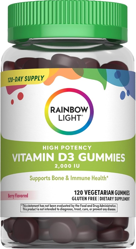 Rainbow Light Vitamin D Gummies, High Potency Vitamin D3 2,000IU Immune Health Support, Helps Support Strong Bones & Teeth, Gluten Free, Vegan, Berry, 120 Gummies