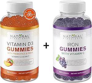 Natural BioScience Sugar Vitamina Gratuita D3 K2 Gummies 5000 UI & Iron Gummies with Vitamin C, Extra Strength, Immune Support, Bone Health, Heart Health, Energy Support, 60 vitaminas Gummy