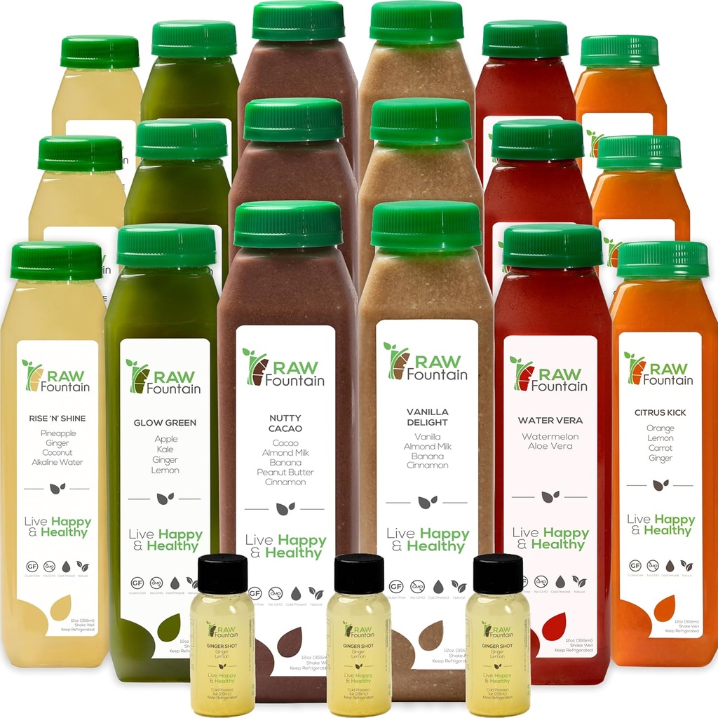 7 Day Protein Juice Cleanse by Raw Fountain, All Natural Raw Detox Cleanse, Cold Pressed Fruits, Vegetables, Vainilla y Chocolate Flavor, Tasty and Energizing, 42 Bottles 12oz, 3 Ginger Shots