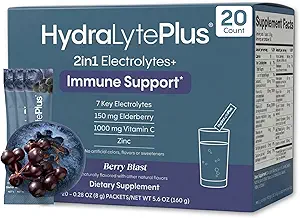Electrolitos Hidralíticos Plus Inmunity, Elderberry - Polvo de Rehidratación Rápida de Azúcar - Ligeramente Sparkling Electrolyte Powder Packets con 1000 mg de vitamina C y 300 mg de Elderberry (8oz Serve, 20 Conde)