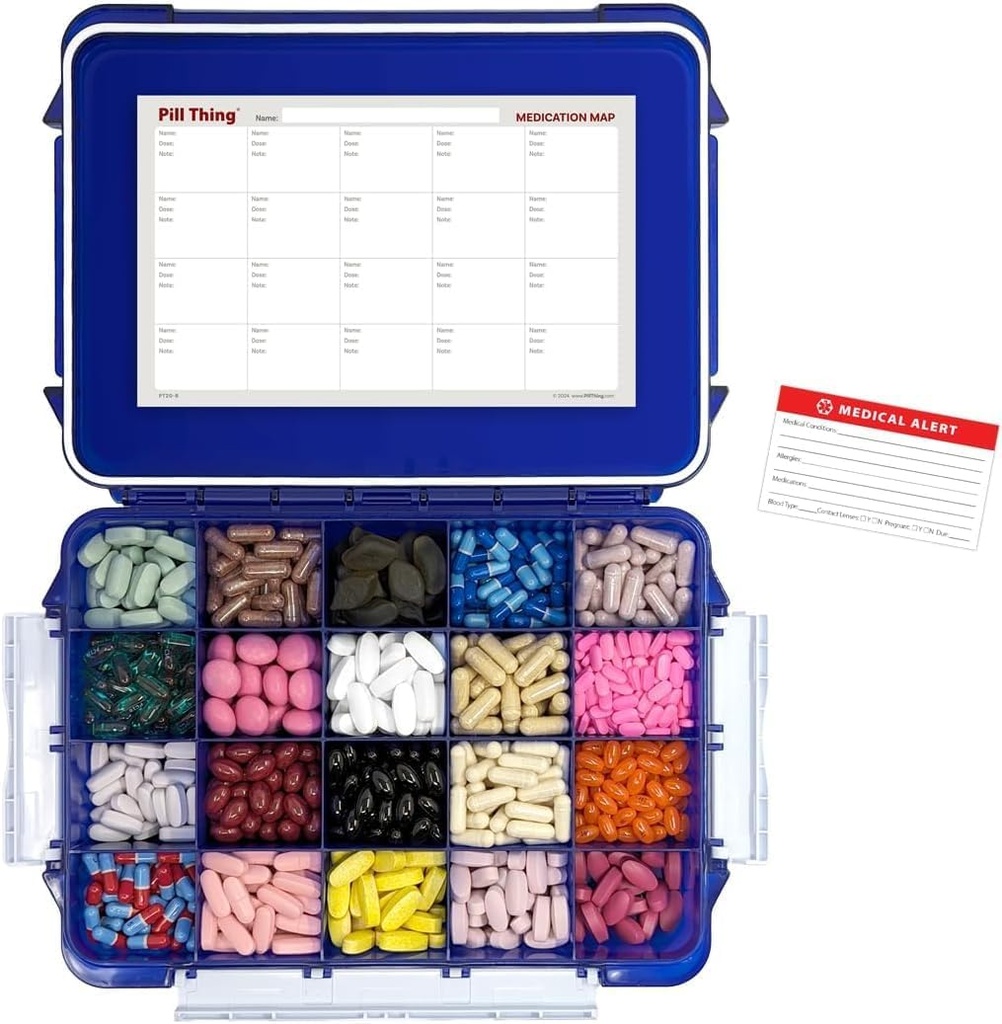20 Compartimiento UV Protegida caja de gran cobalto azul con cierre de aire, prueba de especias, caja de med impermeable de gas de silicona con mapa de medicación (Cobalt Blue, 20 Compartment - 1 Pack)