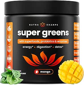 NutraChamps Super Greens Powder Premium Superfood ← 20+ Organic Green Veggie Whole Foods TEN Wheat Grass, Spirulina, Chlorella ANTE Antioxidante, Enzyme Digestivo &amp; Blends Probióticos (9.0 OZ, Mango)
