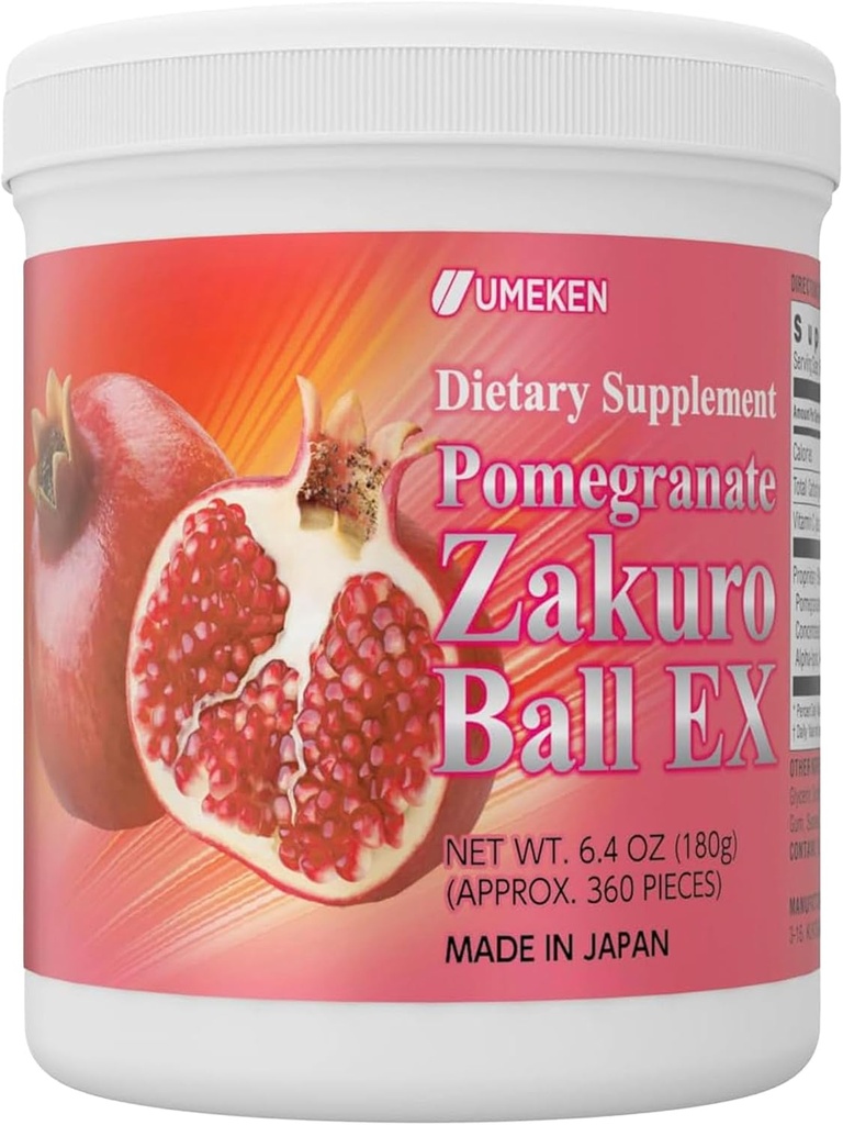 Bolas de granada Umeken, Suplemento Chewable con vitaminas naturales, minerales, ácidos cítricos " Taninos, suplementos de granada japonesa para mujeres, 2 meses de suministro, botella de 360 cuentas, paquete de 1