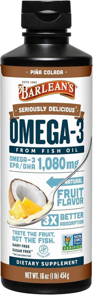 Suplemento líquido de aceite de pescado Omega 3 de Barlean para hombres y mujeres, Pina Colada, 1080 mg EPA y DHA Fatty Acid, 16 oz