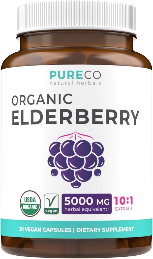 Cápsulas de Elderberry Orgánica - 10:1 Extracto Niveles de 5.000 mg de Elderberries Fresco (Vegan) para Immune Support, Alergía, Sinus Relief - Sambucus Nigra - Black Elderberry - 30 Cápsulas (No Pills o Gummies)