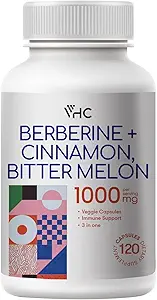 Suplemento de Berberina 1000 mg con canela de Ceylán, Melón de Bitter, 3 en 1 Triple acción Fórmula Berberine HCL Suplementos, para Immune, Cardiovascular, Gastrointestinal, 120 cápsulas vegetarianas, Made in USA