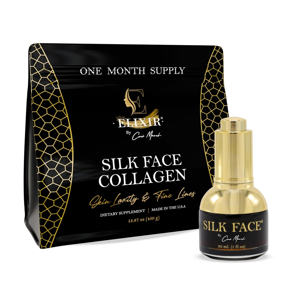Elixir by Cocó March Silk Face Collagen Bundle for Fine Line Reduction, Luxurious Illumination, & Silky Radiance for Skin, Hair, Nails, and Joints
