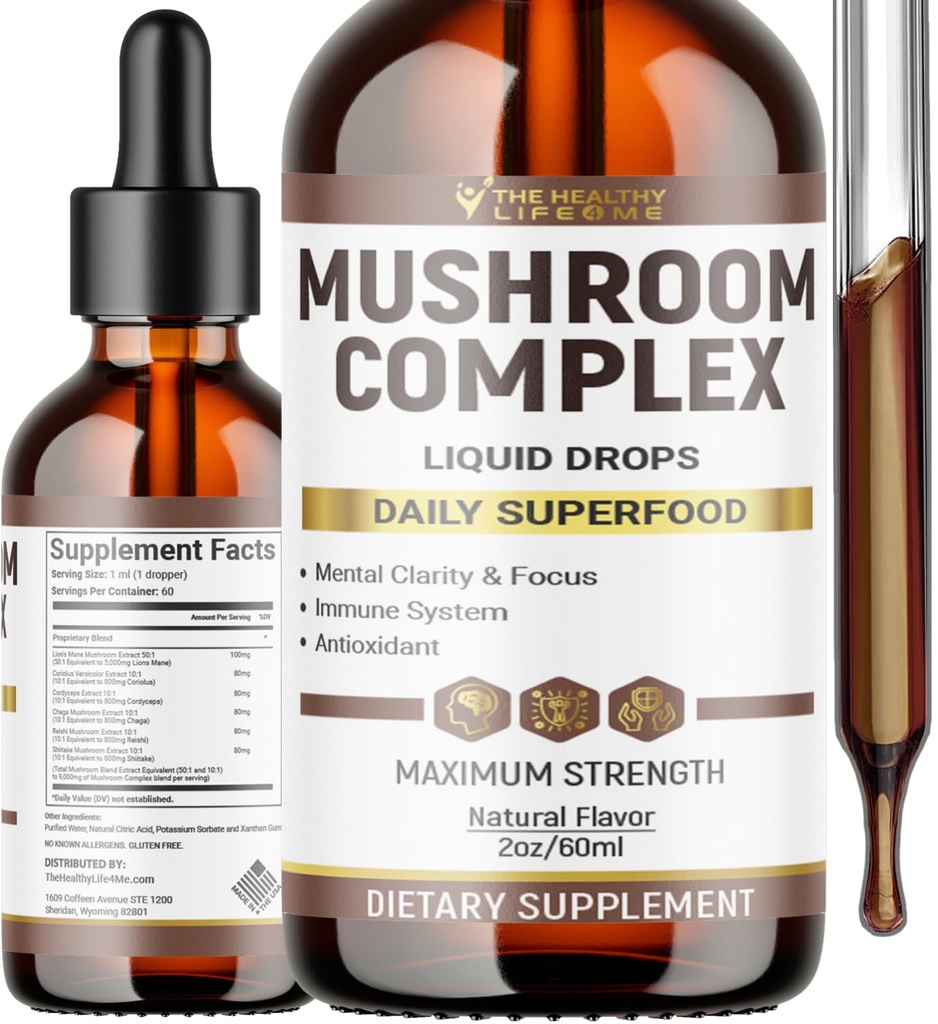 Complejo de hongos líquidos ← Herbal Liquid Drops Anterior Mushroom Suplemento ANTE Lion's Mane, Reishi, Shiitake, Chaga, Cordyceps, Coriolus Versicolor ← NonGMO 2oz - 60 Day Supply