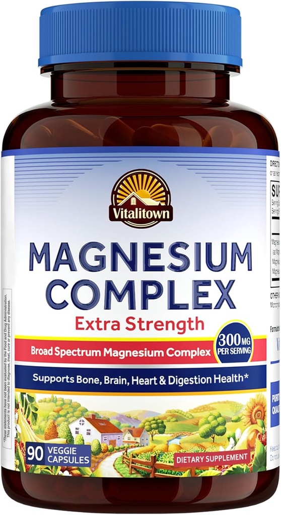 Vitalitown Magnesium Complex Suplemento TENIDO 300mg Elemental Mag ANTE Magnesium Citrate Glycinate Taurate Malate ANTE No Gluten, 90 Vegan Magnesio Capsules para Bone Brain Heart