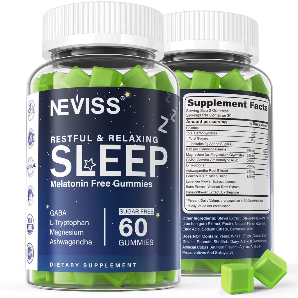 NEVISS Melatonin Free Sleep Aid Gummies for Adults - Magnesium Glycinate Gummies ← GABA, L-Tryptophan, Magnesium, Ashwagandha - Non-Habit Forming, Help for Deep Relaxation - Vegan, Lemon Flavor, 1Pack