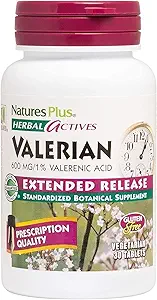 Natures Plus Activos Herbal Tablas de liberación ampliada Valerian - 600 mg, 30 Tablas Vegan - Vegetariano, Libre de gluten - 30 Servimientos