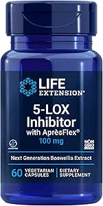 Inhibidor de extensión de vida 5-LOX con AprèsFlex®, 100 mg, Boswellia serrata estandarizada Extracto, promueve la salud conjunta, celular y arterial, libre de gluten, no GMO, vegetariano, 60 cápsulas