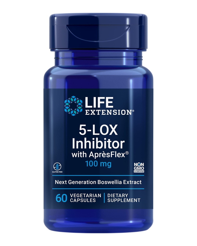 Inhibidor de extensión de vida 5-LOX con AprèsFlex®, 100 mg, Boswellia serrata estandarizada Extracto, promueve la salud conjunta, celular y arterial, libre de gluten, no GMO, vegetariano, 60 cápsulas