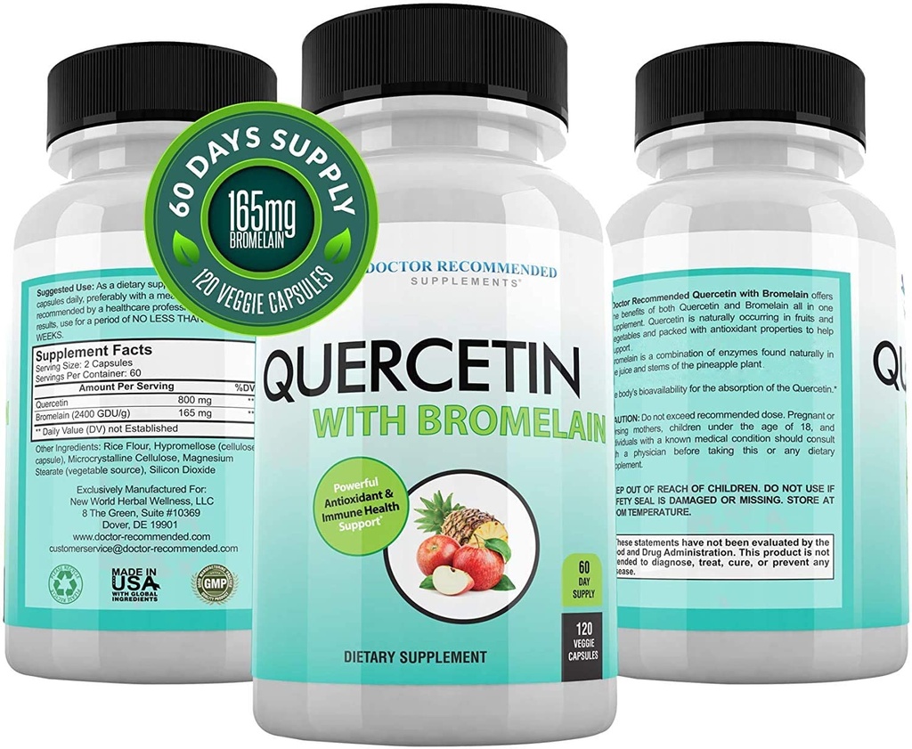 DOCTOR RECOMMENDED SUPPLEMENTS Quercetin 800mg w/Bromelain 165mg Per Serving- 120 Veggie Capsules-Full 60 Day Supply, Vitamin Supplement to Support & Bioflavonoids, Gluten Free, Non-GMO