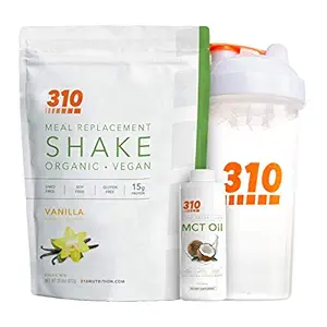 Vegan Organic Plant Protein Powder and Meal Replacement Shake With Shaker Cup and 2 Oz MCT Oil - By 310 Nutrition - Gluten, Dairy and Soy Free - 0g of Sugar ← Keto y Paleo Friendly (Vanilla)