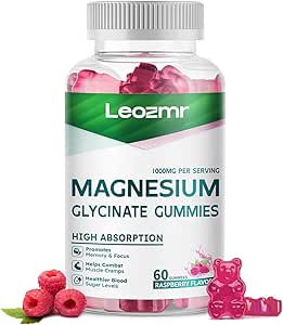 Magnesio Glycinate Gummies 1000mg - Suplemento de Potasio de Magnesio Libre de Azúcar con Vitamina D, B6, CoQ10 para calma Mood &amp; Sleep Support - 60Raspberry Gummies