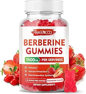 2 Pack Berberine Gummies with Ceylon Cinnamon 1500mg High Potency Berberine HCL Supplement for Immune Support,Sugar Free, Vegan, Strawberry Flavor, 120 Cuenta