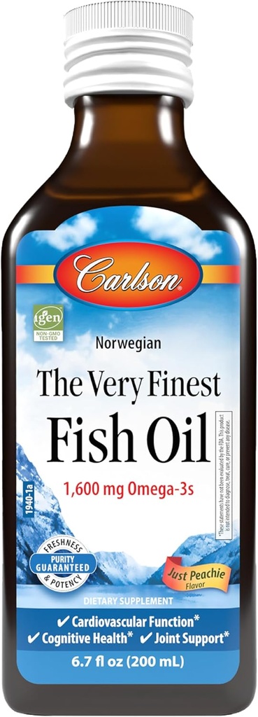 Carlson - The Very Finest Fish Oil, 1600 mg Omega-3, Liquid Fish Oil Supplement, Norwegian Fish Oil, Wild-Caught, Sustentably Sourced Fish Oil Liquid, Just Peachie, 200 mL (6.7 Fl Oz)